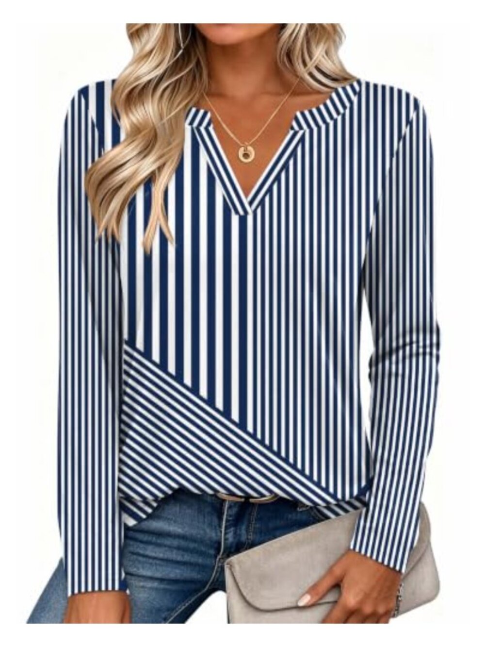 Womens Long Sleeve V Neck Tunic Top Loose Fit Casual Blouse